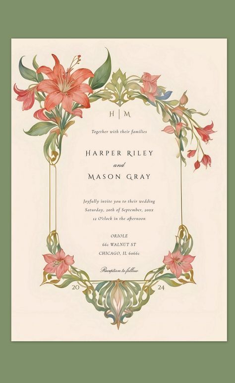 Amaryllis Art Nouveau Wedding Invitation #ArtNouveauWeddingInvitations Art Nouveau Invitation, Twenty Fine, Art Nouveau Wedding Invitation, Wisteria Wedding, Art Nouveau Wedding, Nouveau Wedding, Art Nouveau Weddings, Invite Design, Art Deco Wedding Invitations