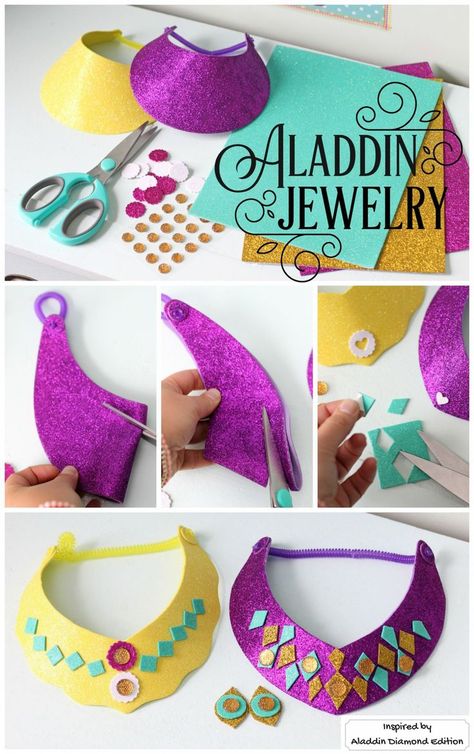 Easy to make glitter Princess Jasmine necklace and stick on earrings craft. Mess free, perfect Aladdin party kids craft. Inspired by Disney’s Aladdin Diamond Edition. Now on Blu-ray™, Digital HD & Disney Movies Anywhere. Jasmine Necklace, Princess Jasmine Party, Shimmer And Shine Party, Shimmer And Shine Birthday, Jasmine Birthday Party, Aladdin Jr, Princess Jasmine Birthday Party, Aladdin Birthday Party, Princess Jasmine Birthday