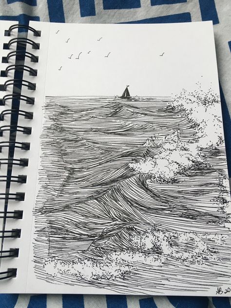 Ocean Pen Drawing, Ocean Sketches, Procreate Building, Ocean Sketch, Seascape Drawing, Sketch Vs Final, Beach Sketch, Art Buildings, Ink Drawing Techniques