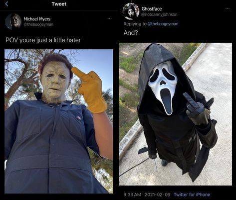 Horror Watch Face, Funny Horror Wallpaper, Ghostface Reaction Pic, Legion Pfp Dbd, Michael X Ghostface, Matching Discord Banners For Friends, Ghostface And Michael Myers Matching Pfp, Michael And Ghostface, Myers X Ghostface