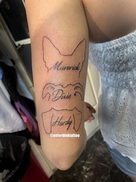 Dog Ear Tattoo. Dog Outline Tattoo, Dog Ear Tattoo, Lace Sleeve Tattoos, Pet Memorial Tattoo, Dog Memorial Tattoos, Colorful Hairstyles, Dog Outline, Remembrance Tattoos, Outline Tattoo