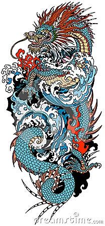 chinese-azure-blue-dragon-water-waves-head-facing-towards-left-side-baring-its-teeth-serpent-like-body-elegantly-coiled-around-central-focal-point-traditional-tattoo-style-vector-illustration-vertical Koi Dragon Tattoo, Sports Cartoon, Koi Dragon, Horseback Rider, Equestrian Sports, Blue Dragon, Mythological Creatures, Water Waves, Azure Blue