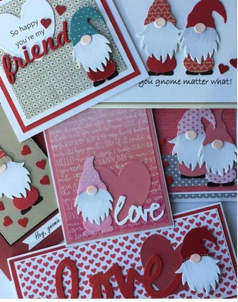 Gnome Valentine Cards Handmade, Cards With Gnomes, Gnome Valentine Card, Beautiful Valentine Cards, Gnome Dies, Scrapbook Paper Projects, Kindest Gnomes, Stampin Up Valentine Cards, Valentine Card Crafts