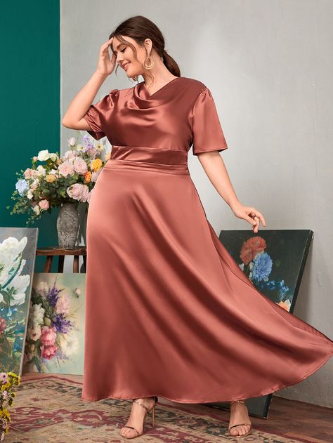 Rusty Rose Elegant  Short Sleeve Satin Plain A Line Embellished Non-Stretch Spring/Fall Plus Size Dresses Silk Flare Dress, Rose Gold Satin Dress, Duchess Satin Dress, Classy Style Outfits, Dress For Chubby, Latest Bridesmaid Dresses, Bridesmaid Satin, Rusty Rose, Plus Size Bridesmaid