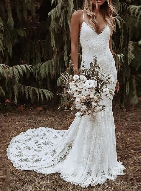 Wedding Dresses Mermaid Trumpet, White Beach Wedding Dresses, Custom Bridal Dress, Beach Wedding White, Boho Wedding Dresses, Boho Wedding Gowns, Lace Applique Wedding Dress, Wedding Dresses Mermaid, Alternative Bride