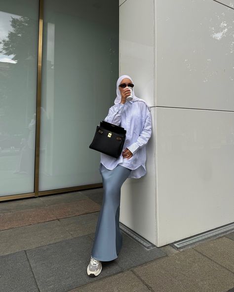 blue is such a fresh color for summer🩵linen shirt+satin skirt✨save this combo for your fits🫶🏻 #modestoutfit #modestootd #modestclothing #modesty #hijabinspiration #hijabtutorial #hijaboutfit#hijabootd #hijabstyle #summeroutfit #summerootd #summerootd #summervibes #satinskirt Blue Satin Skirt Outfit, Satin Skirt Outfit Summer, Blue Satin Skirt, Blue Skirt Outfits, Silk Skirt Outfit, Blue Hijab, Summer Linen Shirt, Modest Girly Outfits, Satin Skirt Outfit