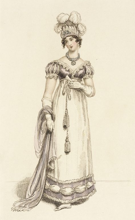 Fashion Plate (Baronial Helmet & Arundel Fete Dress) | LACMA Collections Regency Turban, 1810s Dress, 1819 Fashion, Regency Dresses, Empire Outfit, John Bell, Empire Dresses, Regency Gown, Decades Of Fashion