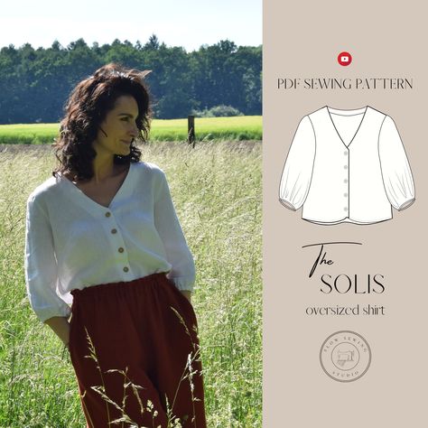 Oversized Shirt PDF Sewing Pattern for Women called SOLIS | Step-by-step Instructions | Instant Download EU 34-52 / UK 6-24 / US 2-20/ AU 6-24 Boho Blouse Pattern, Short Sleeve Blouse Pattern, Women Shirt Designs, T Shirt Sewing Pattern, Shirt Sewing, Sewing Blouses, Minimalist Shirts, Shirt Sewing Pattern, Indie Sewing Patterns