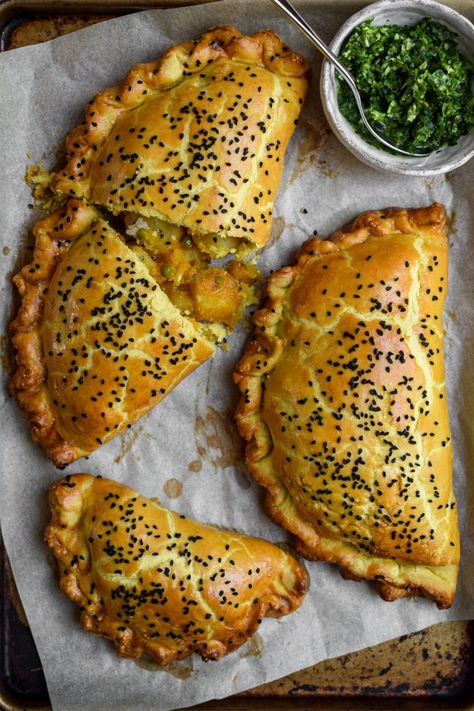 Curried Potato Pasties with Quick Coriander Chutney | Rachel Phipps Vegetarian Pasties Recipes, Vegetarian Hand Pies, Potato Pasties, Vegetarian Pasties, Hotel Recipes, Filled Bread, Savoury Pastry, Savory Bakes, Coriander Chutney