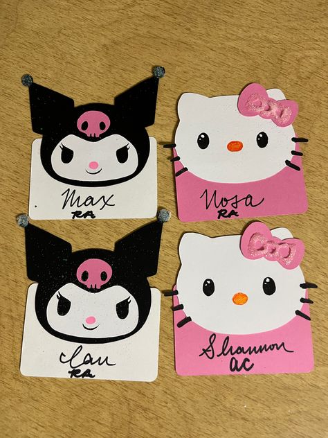 i worked so hard for these bro Sanrio Door Decs, Hello Kitty Door Decoration, Sanrio Classroom, College Event Ideas, Door Name Tags, Ra Programs, Ra Door Tags, Kitty Door, Ra Inspiration