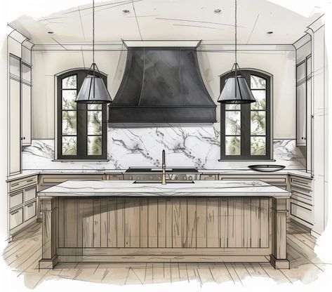 With sleek upper cabinets and a custom bold black hood fan, this kitchen concept is the epitome of transitional elegance. The arched windows beside the hood fan add a touch of charm, while the marble countertops exude luxury. And let's not forget the warm wood island and base cabinets, bringing natural warmth to the heart of the home. Who else is feeling inspired to entertain and cook up a storm here? . Design. @cielo.and.oak #KitchenGoals #interiordesigninspo #kitchendesign #kitchen #kitch... Angled Hood Kitchen, Kitchen Hood Between Windows, Stove With Windows On Each Side, Black Hood Fan, Stucco Vent Hood, Black Stove Hood, Large Kitchen Hood, Dubai Kitchen, 2025 Kitchen