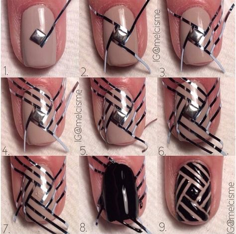 Nail Art step by step Heart Nails Tutorial, Tape Nail Art, Diy Tape, Nail Tape, Geometric Nail, Striped Nails, Diy Nail Designs, Manicures Designs, Simple Nail Designs