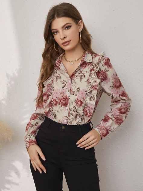 Multicolor Elegant  Long Sleeve Polyester Floral,All Over Print Shirt Embellished Non-Stretch Spring/Fall Women Tops, Blouses & Tee Flower Shirt Outfit Floral Blouse, Flower Blouse Outfit, Floral Shirt Outfit, Easy Hairstyles For Thick Hair, Flower Blouse, Rose Shirts, Office Outfits Women, All Over Print Shirt, Business Tops