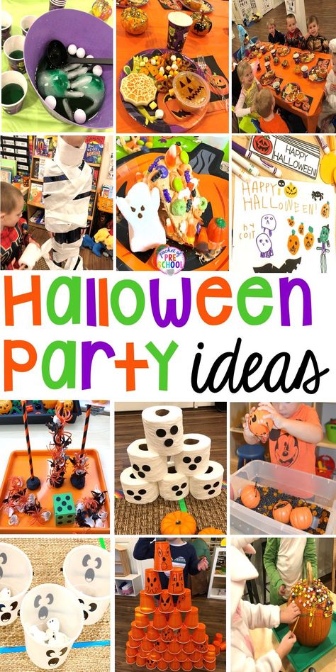 Kids Class Halloween Party, Halloween Party School Ideas, Halloween Party Daycare, Halloween Kindergarten Party Ideas, Elementary Classroom Halloween Party Ideas, Fall Party Ideas For Kindergarten, Room Mom Halloween Party Ideas Kindergarten, Halloween Party Ideas For School Parties, Class Mom Halloween Ideas