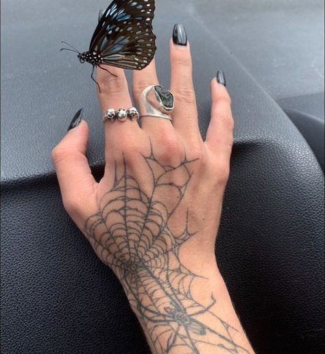 Spiderweb On Hand Tattoo, Hand Tats Alt, Skeleton Hand With Spider Tattoo, Hand Tattoo Spider Web, Cobweb Hand Tattoo, Badass Hand Tattoos For Women, Hand Tattoos Masc, Hand Spider Web Tattoo, Hand Tattoo Spider