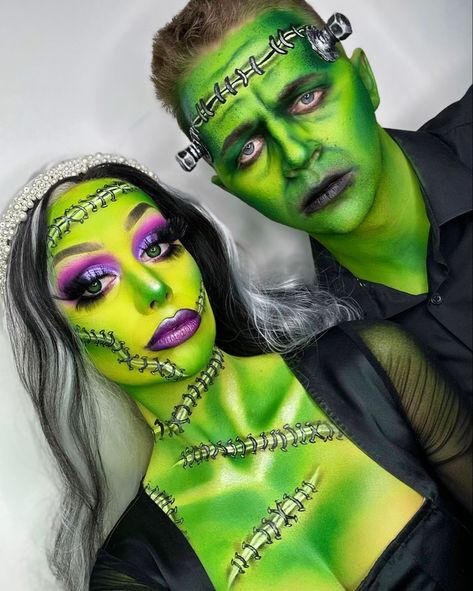 Zombie Pinup Makeup, Halloween Makeup Couples Ideas, Couples Halloween Face Paint Ideas, Creepy Halloween Couple Costumes, Couples Makeup Halloween, Halloween Couple Makeup Ideas, Couple Halloween Makeup Ideas, Couple Halloween Face Paint, Couples Face Paint Halloween