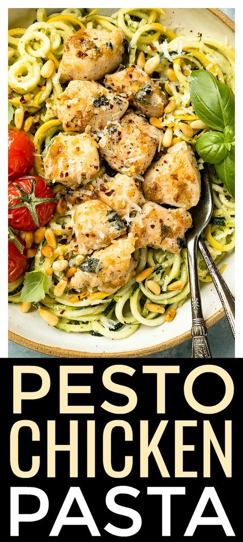 This recipe is healthy, incredibly delicious and can be prepped, ready and on the table in 30 minutes or less! Easy stir-fried basil garlic chicken is served over fresh veggie pasta and tossed in a silky, herbaceous basil pesto sauce. It's a fast dinner that is guaranteed to become a family favorite! #healthy #pesto #chicken #pasta #recipe Basil Pesto Chicken Pasta, Fried Basil, Pesto Zucchini, Ketone Recipes, Pesto Zucchini Noodles, Basil Pesto Chicken, Squash And Zucchini, Healthy Pesto, Recipes Salads