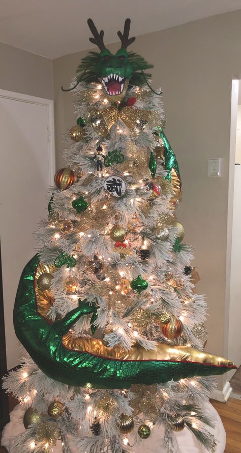 Godzilla Christmas Tree, Christmas Tree Competition, Ghibli Christmas Tree, Anime Christmas Decorations, Dragon Christmas Tree, Dragon Ball Z Christmas Tree, Dragon Ball Z Christmas, Anime Christmas Tree, Dragon Ball Christmas