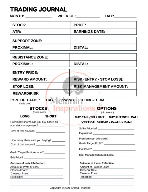 "This Stocks and Options Trading Plan Creator & Journal is perfect for stocks and options buyers, traders, and investors to write in.  This glossy, high-quality, beautiful Journal/Notebook is perfect for writing down all your daily trades, watchlists, and strategies.  The Journal includes enough pages for 1 Quarter of trades (4 weeks of 3 trades/day). It includes pages to: * Create your trading plan * Record your monthly, weekly, and daily Watchlists * Annotate and decide your trades * Record al Trading Journal Ideas, Forex Trading Plan Template, Trading Plan Template, Trading Journal Template, Etf Investing, Trading Journal, Stock Market Chart, Stock Options Trading, Forex Education