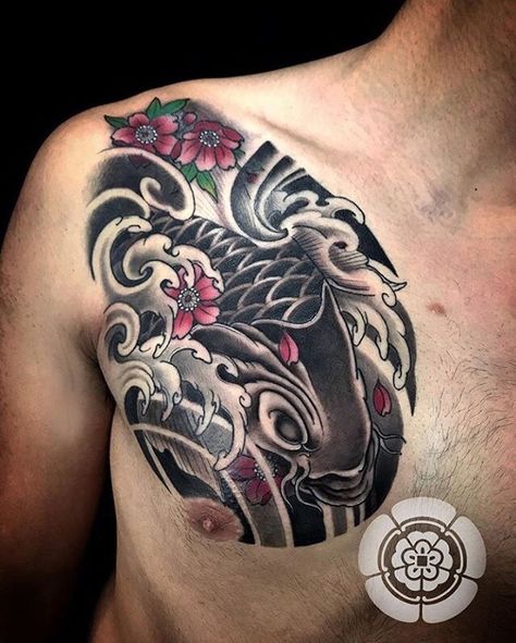 Chest Tattoo Japanese, Pez Koi Tattoo, Japanese Koi Fish Tattoo, Koi Tattoo Sleeve, Kanji Tattoo, Koi Tattoo Design, Doll Tattoo, Mom Tattoo Designs, Flame Tattoos