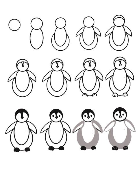 Follow each step to draw a penguin easily Penguin Step By Step Drawing, Drawing A Penguin, Draw Penguin Easy, Penguin Drawing Easy Step By Step, How To Draw A Penguin Step By Step, How To Draw Penguin, How To Draw A Penguin, Penguin Painting Easy, Drawing Of Penguin