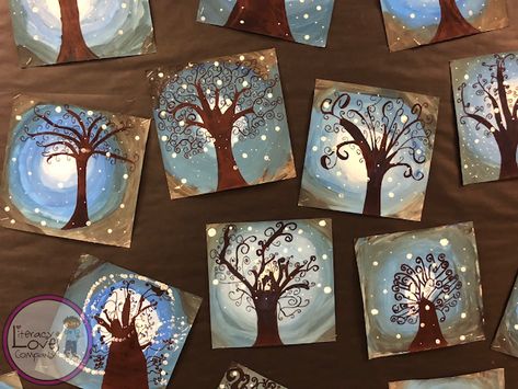 Classroom art for kids. Snowy Trees - Beautiful winter art projects for the elementary classroom brought to you by Literacy Loves Company. Winter Trees Art For Kids, Winter Crafts For Middle School Students, Winter Tree Art For Kids, Winter Landscape Art For Kids, Winter Painting Kids, Snowflake Art Projects For Kids, Guided Painting, Winter Display, Art Docent