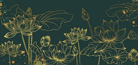 Turtle Background, Lotus Artwork, Golden Line, Line Art Flowers, Lotus Flower Art, Blooming Lotus, Lotus Art, Golden Background, Lotus Pond