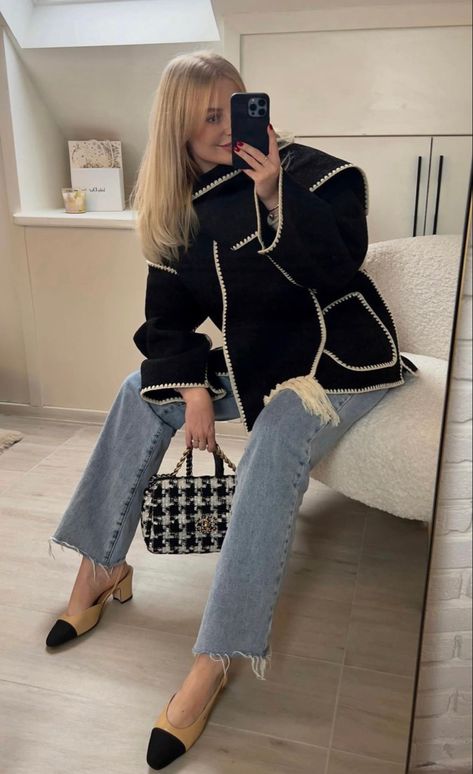 Beige And Black Chanel Flats Outfit, Chanel Sling Back Shoes Outfit, Toteme Jacket Outfit, Chanel Tan And Black Slingbacks Outfit, Winter Outfits Luxury, Scarf Jacket Outfit, Channel Shoes Outfit, Toteme Scarf Jacket Outfit, Sling Back Heels Outfit Jeans