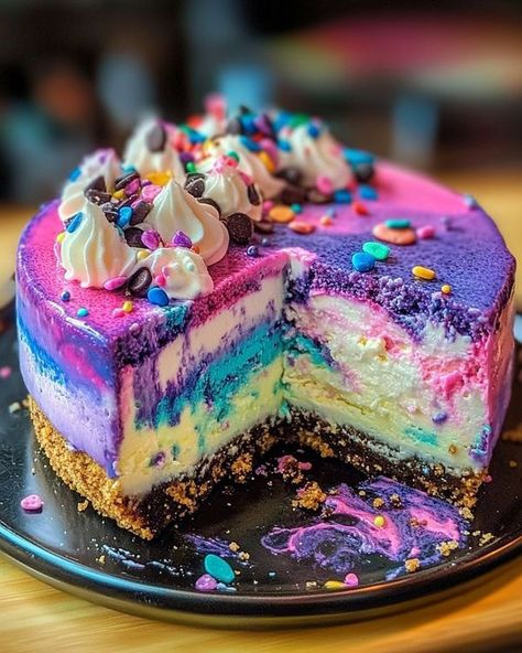 Rainbow Cheesecake Recipe, Cheesecake Recipe No Bake, Spooky Foods, Apple Fries, Galaxy Desserts, Rainbow Cheesecake, Galaxy Chocolate, Rustic Cabins, Colorful Desserts