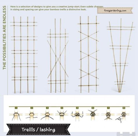 DIY bamboo trellis patterns with lashing how-to. Diy Trellis Bamboo, Bamboo Arbor Diy, Bamboo Plant Trellis, Diy Bamboo Trellis Ideas, Tree Branch Trellis Diy, Copper Trellis Diy, Bamboo Trellis Ideas, Diy Small Plant Trellis, Diy Houseplant Trellis