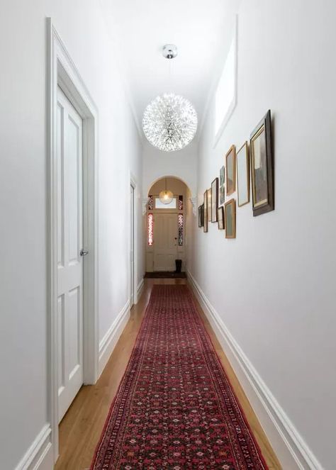 runner rug in entryway Hallway Rugs Ideas, Hallway Runners Ideas, Long Hallway Runners, Long Narrow Hallway, Entryway Inspo, Long Hallway Runner, Long Hall, Hall Runner Rugs, Red Runner