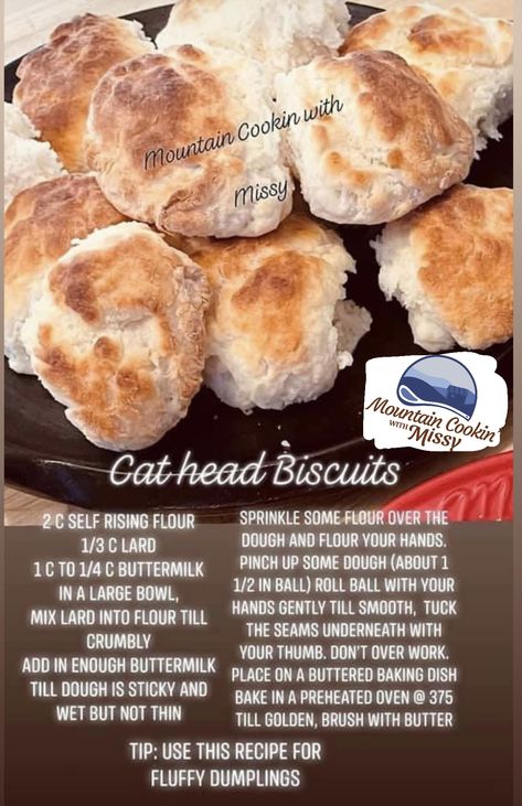 Cathead Biscuits Recipe! Tap... - Mountain Cookin’ with Missy Cathead Biscuits Recipe, Mountain Cooking With Missy, Cathead Biscuits, Cat Head Biscuits, Appalachian Recipes, Biscuit Bread, Biscuits Recipe, Amish Recipes, Homemade Biscuits