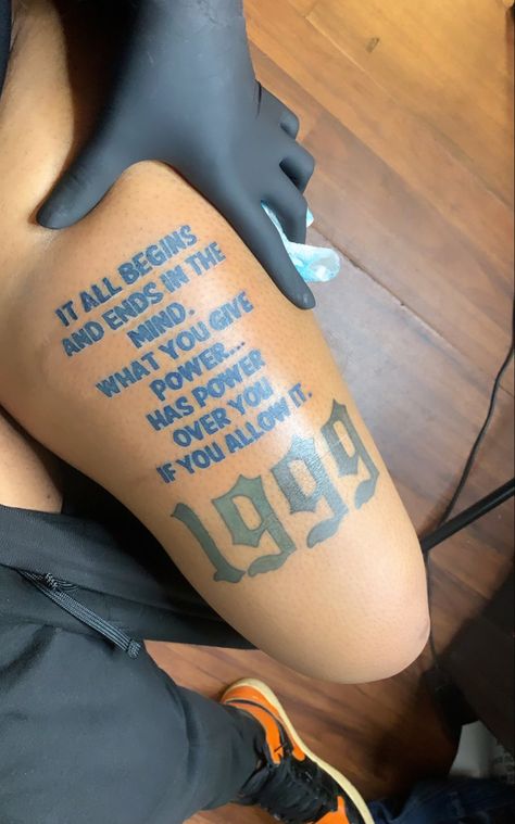 Qoute Tattoo On Leg, Inspiring Word Tattoos For Women, Quote Arm Tattoo Women, Word Leg Tattoos, Tattoo Word Ideas, Black Men Leg Tattoos, Over The Knee Tattoo, Simple Leg Tattoos, The Knee Tattoo