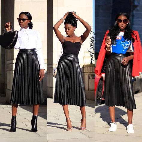 Black Leather Pleated Skirt Outfit, Leather Pleated Skirt Outfit, Leather Skirt Outfit Fall, Pleated Leather Skirt Outfit, Black Pleated Skirt Outfit, Pleated Midi Skirt Outfit, Pleated Leather Skirt, Skirt Outfit Fall, Pleated Skirt Outfit