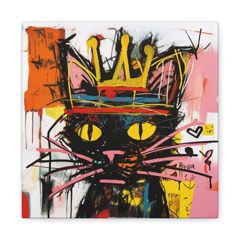 "\"A Cat With A Crown\"    -    Jean-Michel Basquiat Inspired Art \"This is an art print. It is a reproduction of work in the past\" Uplift any room's decor with art that's printed on top-quality canvas gallery wraps! Hello! This is HM. Welcome to my art gallery hope you will find something that you like! ⭐HOW TO ORDER Choose the size. ⭐ PRODUCT DETAIL Each wrap is made with finely textured, artist-grade cotton substrate which helps reproduce the image in outstanding clarity and     detail.  Available in multiple sizes, these closed back canvases are built with a patented, solid support face and are excellent for indoor     use(For indoor use only). Comes with hanging hardware for an effortless install of the canvas ・100% cotton fabric (400gsm) ・Closed MDF backing ・Built with a patented so Jean Michel Basquiat Inspired Art, Basquiat Photoshoot, Basquiat Art Lesson, Jean Basquiat Art, Basquiat Aesthetic, Basquiat Inspired Art, Cat With A Crown, Art With Text, Basquiat Inspired