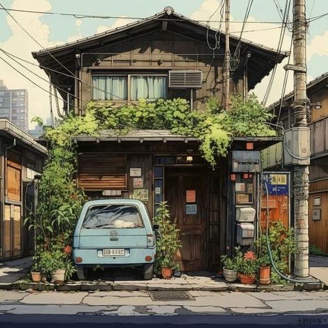 Japan Building Aesthetic, Manga House, Japanese House Art, Building Japanese, Japan Building, Anime Architecture, Japanese Buildings, Building Aesthetic, Building Illustration