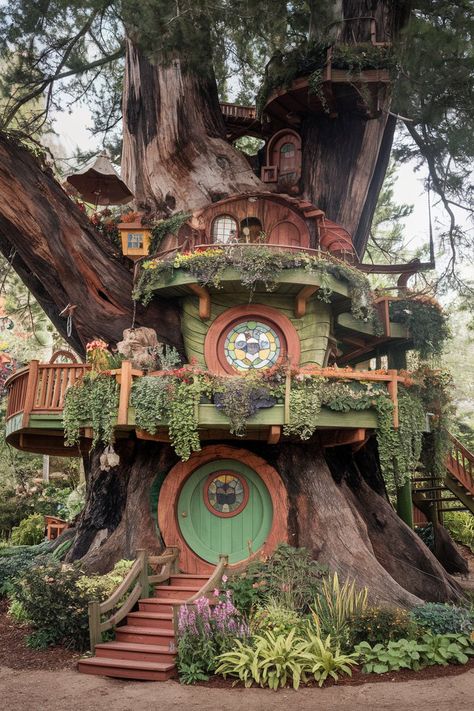 Check out this incredible treehouse masterpiece! Built into a massive tree, it features whimsical stained glass and lush plant decor. Isn’t it enchanting?  Share your thoughts below or tag a friend who would love this magical creation! 🏡✨ woodworking easy . #decor #home #tools #woodworkingcommunity #woodworkers #wooden #architecture #workshop Cob Tree House, Hobbit Tiny House, Tiny House Tree House, Fairy House Exterior, Magical Forest House, Tropical Tree House, Forest Room Decor Diy, Aesthetic Tree House, Treehouse Aesthetic Inside