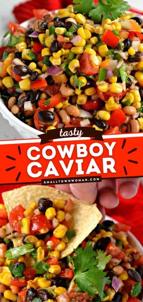 Cowboy Caviar is a party food appetizer with a fun medley of beans, black-eyed peas, and vegetables all tossed in a slightly spicy, sweet vinaigrette! This easy party food recipe is also one of the best 4th of July ideas! Western Party Foods, Cowboy Food, 4th July Food, Texas Caviar, Celiac Recipes, Caviar Recipes, July Recipes, Cowboy Caviar, Easy Party Food