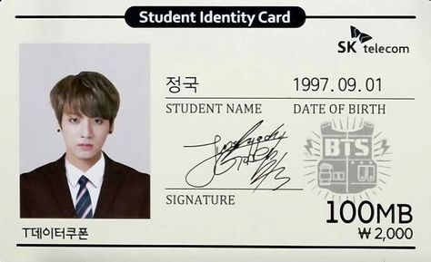 bts jungkook student identity card  sk telecom bts Student Identity Card, Bts Signatures, Student Id Card, Bts School, Bts Printable, Student Card, Sk Telecom, Student Id, Bts Stickers