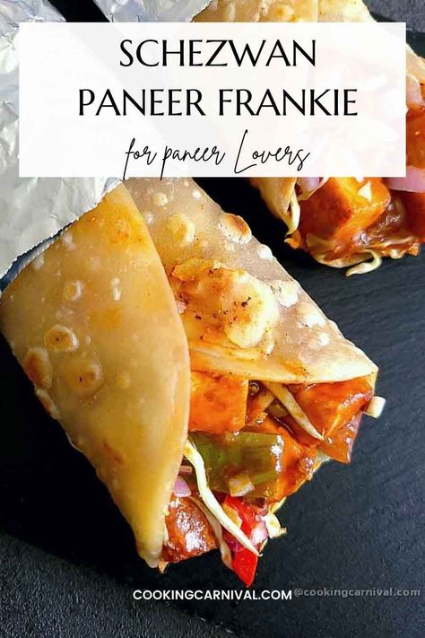 Popular Indian street food, Schezwan Paneer Frankie, or call it Paneer Kathi Roll, are warm, layered parathas filled with spicy paneer, cabbage, onions. Whether you make it for the weekend or a gathering, these are sure to be a hit! #indian #paneerfrankie #paneerwrap #schezwan #frankie #lunchbox #paneerrecipe Panini Vegetarian, Paneer Frankie Recipe, Schezwan Paneer, Veg Frankie Recipe, Paneer Frankie, Paneer Kathi Roll, Kathi Roll, Frankie Recipe, Paneer Dishes