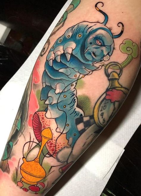 100 Alice in Wonderland Tattoos You'll Need to See - Tattoo Me Now Absolem Tattoo, Alice In Wonderland Caterpillar Tattoo, Tattoo Colourful, Alice In Wonderland Tattoos, Caterpillar Tattoo, Alice In Wonderland Caterpillar, Wonderland Caterpillar, Caterpillar Alice In Wonderland, Alice In Wonderland Cartoon