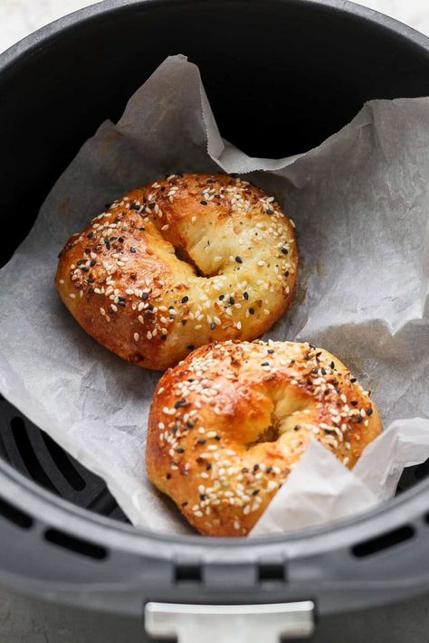 Air Fryer Protein Bagels (2-ingredients!) - Fit Foodie Finds Air Fryer Protein, Air Fryer Bagels, Protein Bagels, Bagel Toppings, Low Carb Meats, Gluten Free Bagels, Fit Foodie Finds, Cheese Bagels, Salmon And Shrimp