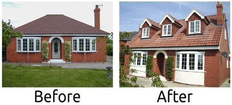 Bungalow Loft Conversion Exterior, Bungalow Conversion Before And After, Bungalow Transformation, Bungalow Loft Conversion, Bungalow Makeover, Bedroom Extension, Extension House, Bungalow Extension, Bungalow Remodel