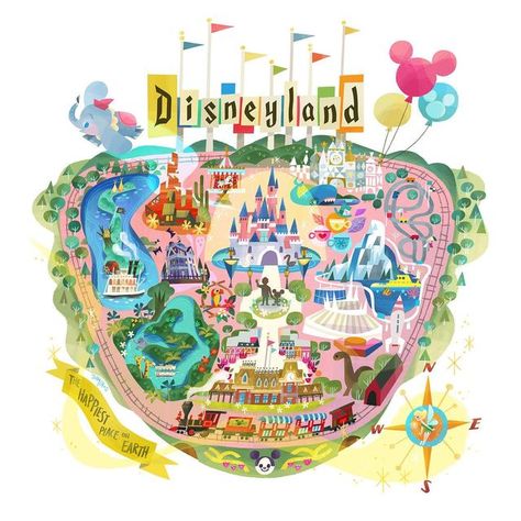 Retro Disneyland, Disney Map, Joey Chou, Disneyland Map, Disneyland Birthday, Enchanted Tiki Room, Retro Disney, Images Disney, Disney Posters