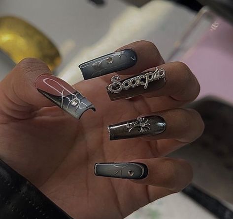 Gray Nails Ombre, Black French Nails Square, Scorpio Nails, Zodiac Nail Designs, Sweet 16 Nails, Bedazzled Nails, Acrylic Nails Nude, Cross Nails, Nail Sequins