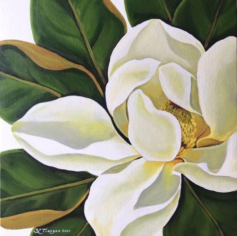 Magnolia Flower Painting Acrylics, Magnolia Flower Painting, Magnolia Painting, Oil Flowers, Magnolia Paint, Magnolia Grandiflora, Acrylic Portrait Painting, Art Still Life, Art Commissions