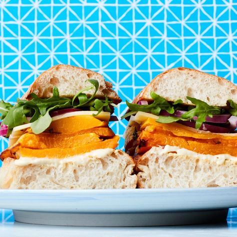 Butternut Squash Sandwich with Cheddar Cheese & Pickled Red Onion | #vegetarian | butternut squash, red wine vinegar, dijon mustard, ciabbatta rolls, white cheddar, arugula Squash Sandwich, Recipes Butternut Squash, Best Butternut Squash Recipe, Epicurious Recipes, Red Onion Recipes, Sandwich Ideas, Vegetarian Sandwich, Veggie Sandwich, Butternut Squash Recipes