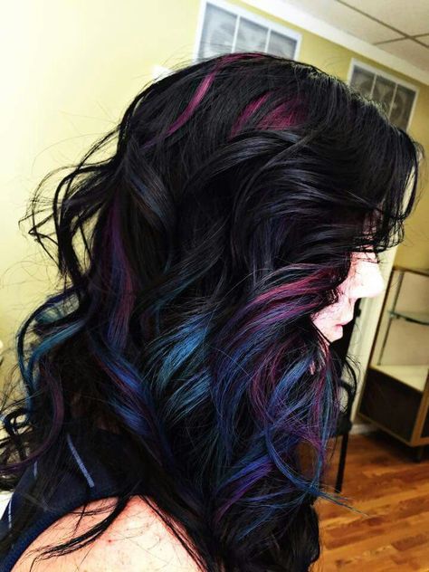 Black Hair With Oil Slick, Dark Hair With Fashion Color, Dark Hair With Bright Colors, Asian Colorful Hair, Red Black And Purple Hair, Black And Fashion Color Hair, Dark And Colorful Hair, Black And Colorful Hair, Dark Hair With Colorful Highlights