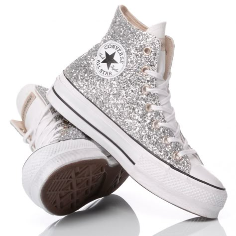 Handmade Converse high-top sneakers showcase a dazzling glitter exterior that sparkles under the light. A classic rubber sole and contrasting white toe cap elevate the playful yet chic design, making these shoes a standout choice for casual outings.

- High-quality materials  
- Metallic eyelets  
- Logo patch Silver Glitter Converse, Platform Converse Glitter, Glittery Converse, Converse Glitter, Zapatillas All Star, Sparkle Converse, Sparkly Converse, Silver Converse, Sparkly Sneakers