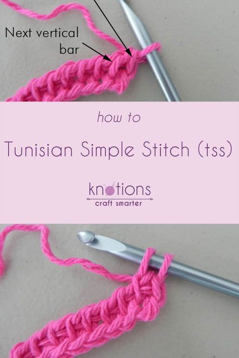 Tutorial: Tunisian Simple Stitch (tss) - knotions Tunisian Simple Stitch, Simple Stitch, Tunisian Crochet Patterns, Tunisian Crochet Stitches, Easy Stitch, Learn How To Crochet, Stitch Ideas, Crochet Tutorials, Crochet Cross